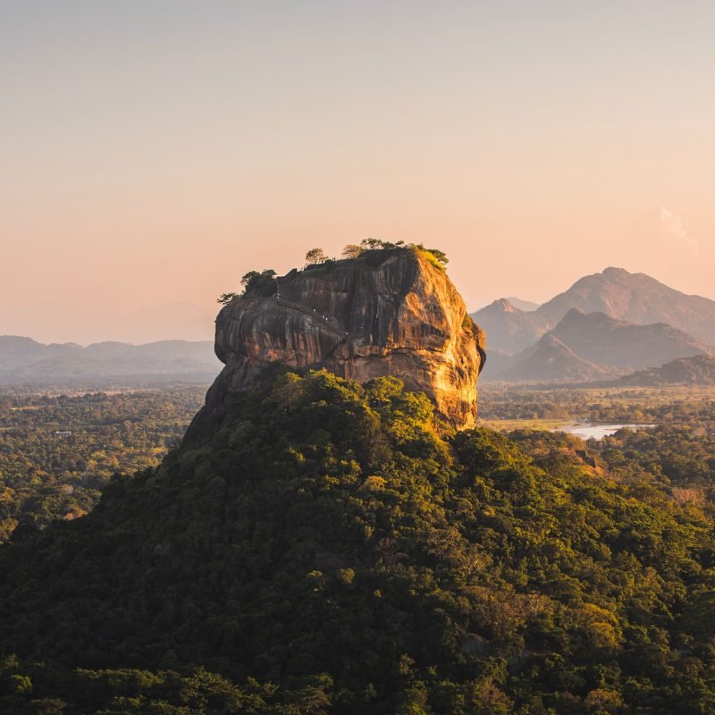 Landscape with Sigiriya rock at sunset in Sri Lanka